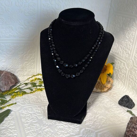 Vintage Black Faceted Double Strand Necklace 14”-16” - Picture 1 of 11